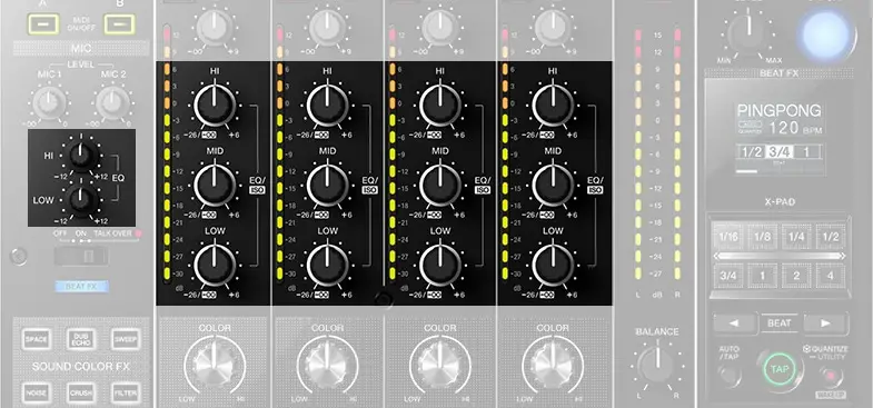 The EQ knobs on a DJ mixer
